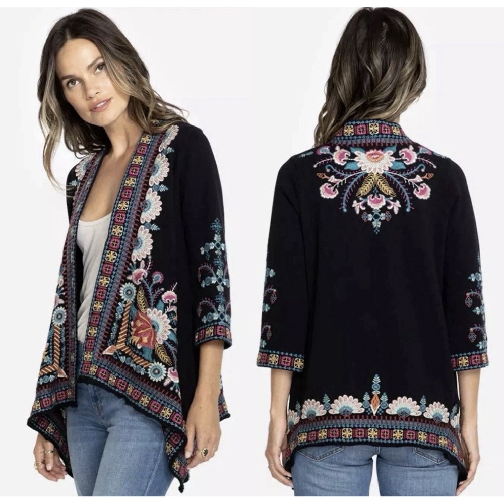 Johnny Was Delphine Embroidered Floral Open Draped Black Cardigan Size M